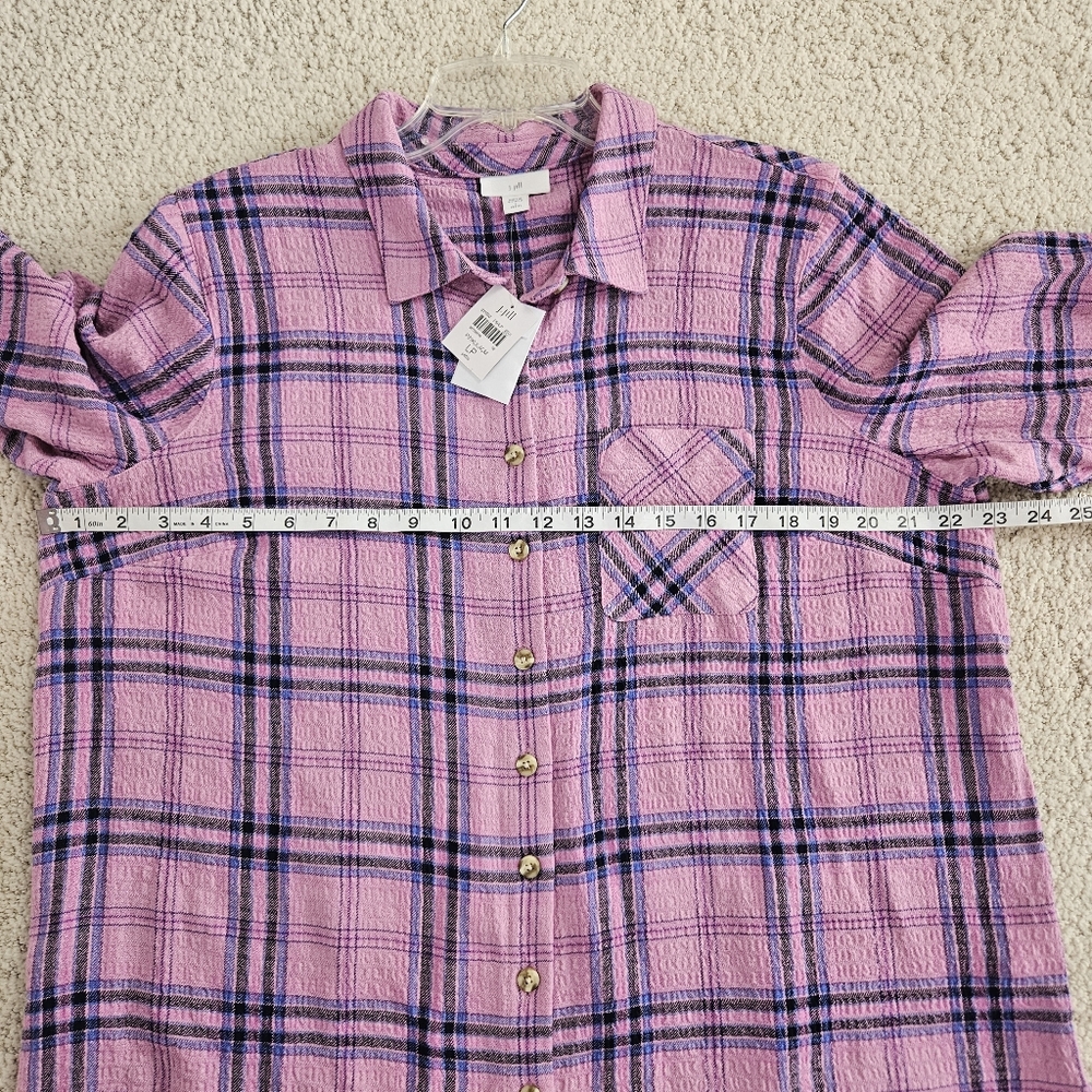 J Jill Tunic Shirt Pink Plaid Texture Crinkled Button Up Womens L Petite Loose - Picture 6 of 8